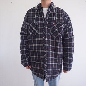 VTG '90s Dickies Navy Grey Quilt Lined Removable Hood Button Up Plaid Shacket XL